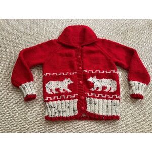 Vintage cowichin kids nortic   polar bear handmade knit cardigan sweater size 6
